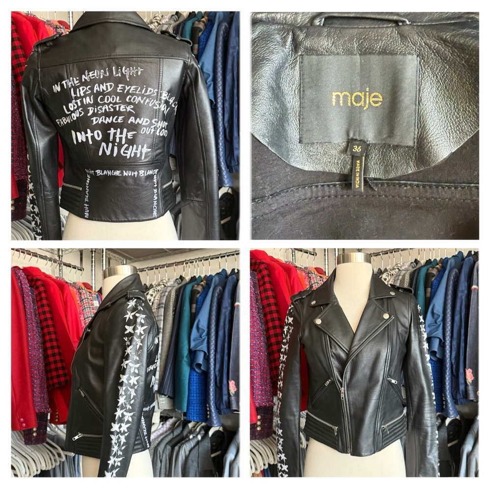 Maje Black Leather Biker Jacket with White Star Sleeves & Graphic Back